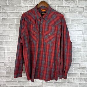 Orvis Trout Bum Brick Red Plaid All Cotton Long Sleeve Snap Up Shirt Mens LARGE